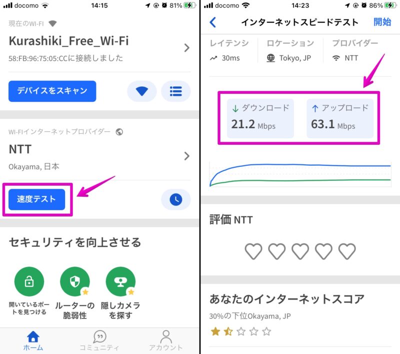 iPhone アプリ「Fing」 速度テスト
