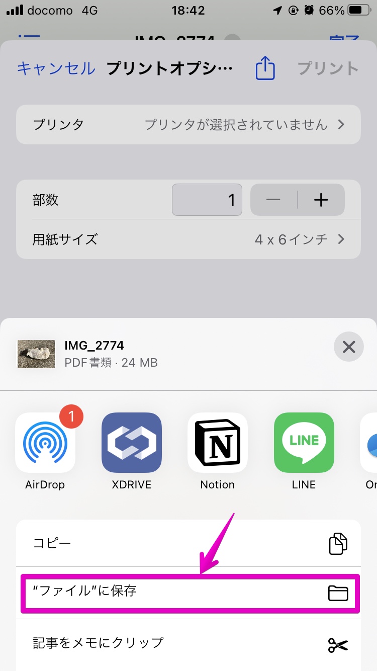 iPhone アプリ「ファイル」 共有の操作画面 プリントオプション